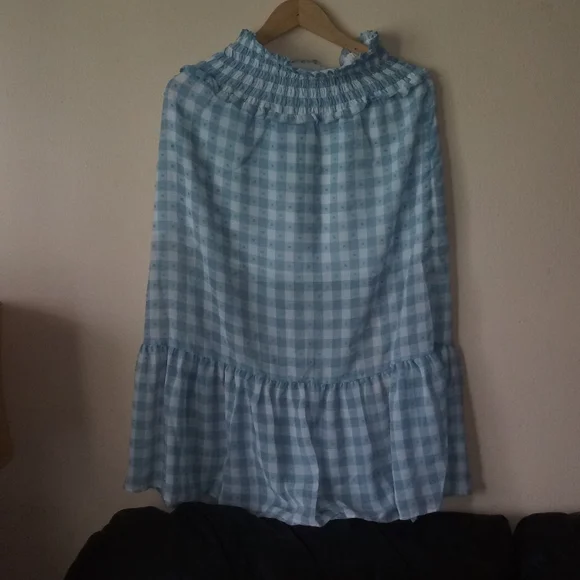 Topshop Blue Gingham Smocked Tiered Midi Skirt 6 - Picture 5 of 11